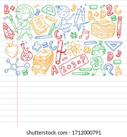 Cute school children. Imagination and creativity. Play and learn, singing, dancing, reading, drawing.