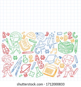 Cute school children. Imagination and creativity. Play and learn, singing, dancing, reading, drawing.