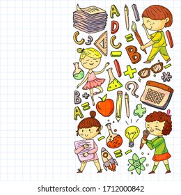 Cute school children. Imagination and creativity. Play and learn, singing, dancing, reading, drawing.