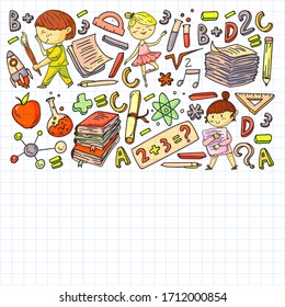 Cute school children. Imagination and creativity. Play and learn, singing, dancing, reading, drawing.