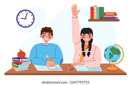 Cute school children sitting at desk and writes and raises hand on lesson. Flat vector illustration on white background.