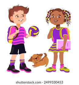 Cute school children standing ready to go back to school with a backpack, ball, and book. Two happy kids and dog together. Diverse cartoon multiethnic boy and girl students. Vector flat illustration.