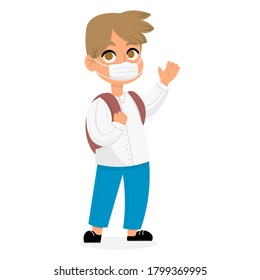 Cute School Children. Children wear face mask protect virus. Back to School. Protect of Covid-19. Social distancing new normal coronavirus related.Vector illustration in cartoon style. 