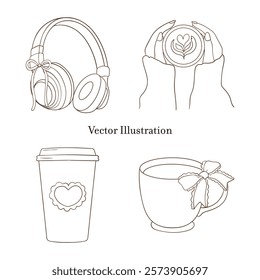 Cute School, Coffee Cup and Headphone Vector Illustration