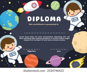 Cute School Diploma Kids Certificate vetor em conceito de ciência com astronauta no espaço aberto, estrelas, planetas e foguetes. Design de ilustração para Educação, Pré-escola, jardim de infância.