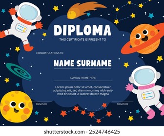 Cute School Diploma Kids Certificate Vector en concepto de ciencia con astronauta en espacio abierto, estrellas, planetas y cohetes. Diseño de ilustración para Educación, preescolar, jardín de infantes.