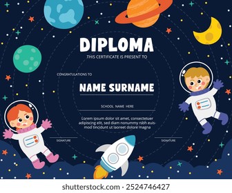 Cute School Diploma Kids Certificate Vector en concepto de ciencia con astronauta en espacio abierto, estrellas, planetas y cohetes. Diseño de ilustración para Educación, preescolar, jardín de infantes.