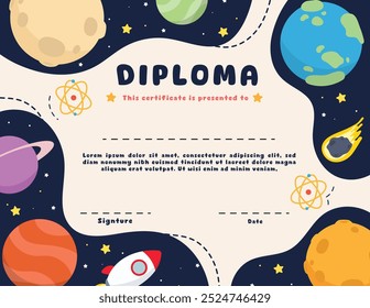 Cute School Diploma Kids Certificate vetor em conceito de ciência com estrelas, planetas, foguete e tubo de teste. Design de ilustração para Educação, Pré-escola, jardim de infância.