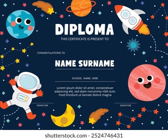 Cute School Diploma Kids Certificate vetor em conceito de ciência com astronauta no espaço aberto, estrelas, planetas e foguetes. Design de ilustração para Educação, Pré-escola, jardim de infância.