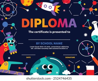 Cute School Diploma Kids Certificate vector in science concept with stars, planets, rocket and test tube. Illustration design for Education, Preschool, kindergarten.