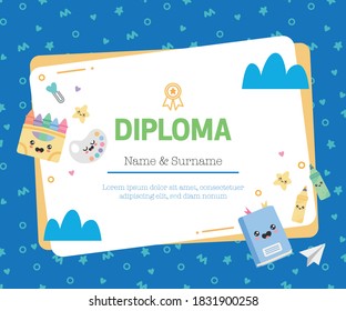 Cute School Diploma Vorlage für Kinder. Vektorgrafik.