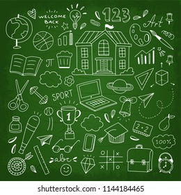 Cute school doodle illustration set. Sketch school elements on green schoolboard
