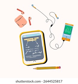 Cute School Education Device Set – Tablet, Earbuds, and Music Player Vector for Back to School and Study Themes.