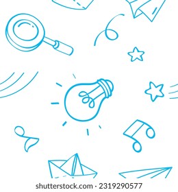 Cute school education objects drawing in doodle line art style with background colored. Seamless pattern with the lightbulb, paper plane, boat, notes, magnifying glass, and stars.