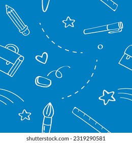 Cute school education objects are drawn in a doodle line art style with a colored background. The pattern is seamless. The objects include a pencil, pen, brush, ruler, eraser, school bag, and stars.