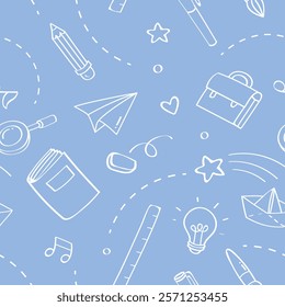 Cute school education objects are drawn in a doodle line art style with a colored background. The pattern is seamless.