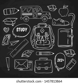 Cute School Elements Collection With Doodle Style on Chalkboard Background