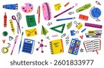 Cute school elements. Doodle Supplies and stationery, cartoon colorful icons, childish flat pencil notebook calculator ruler glue brush pen, back to school stuff. Vector set.
