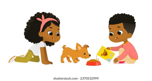 Cute school friends feeding pet puppy. African American boy and girl playing with dog. Funny cartoon character. Children caring for animals. Vector illustration. Isolated on white background