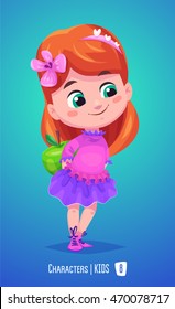 Cute School Girl. Back to School isolated cartoon character with apple on blue background. Great illustration for a school books and more. VECTOR stock illustration.