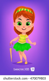 Cute School Girl. Back to School isolated cartoon character on violet background. Great illustration for a school books and more. VECTOR stock illustration.