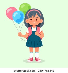 Cute school girl with backpack and baloons. Vector illustration