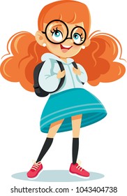 
Cute School Girl with Backpack Vector Cartoon. 
