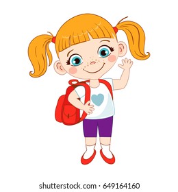 Cute school girl with a backpack. Vector illustration
