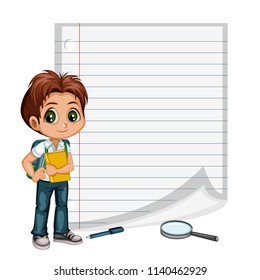 Cute School Girl and Boy Character Near Copybook Paper Vector illustration. Back to School Composition Poster. Cartoon Kid Characters Isolated on White background 