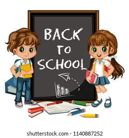 Cute School Girl and Boy Character Near Chalkboard Vector illustration. Back to School Composition Poster. Cartoon Kid Characters Isolated on White background 