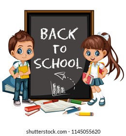 Cute School Girl and Boy Character Near Chalkboard Vector illustration. Back to School Composition Poster. Cartoon Kid Characters Isolated on White background 