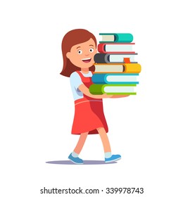 Cute school girl carrying big pile of books. Education excitement concept. Flat style vector illustration isolated on white background.