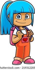 Cute School Girl Cartoon Character With Backpack Standing. Vector Hand Drawn Illustration Isolated On Transparent Background