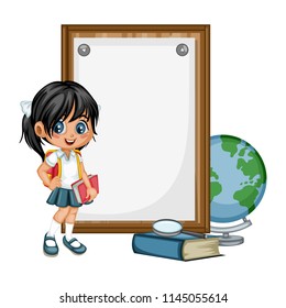 Cute School Girl Character Near Chalkboard Vector illustration. Back to School Composition Poster. Cartoon Character Isolated on White background 