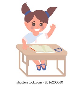 Cute school girl character studing at the desk isolated vector illustration. Back to school concept.