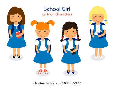 Cute School Girl Characters isolated on white background