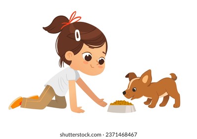 Cute school girl feeding pet puppy. Girl playing with dog. Funny cartoon character. Caring for animals. Vector illustration. Isolated on white background