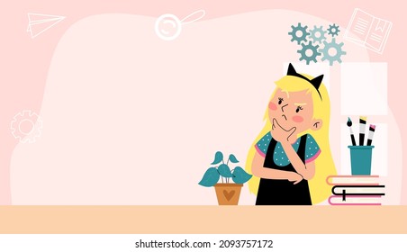 Cute school girl with hands on chin thinking at desk with books, flat vector banner illustration. Background with copy space for text and cartoon character.