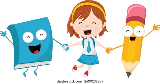Cute School Girl Holding Hands With Pencil And Book Character