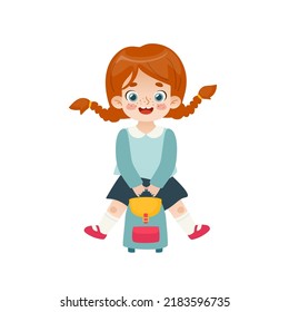 Cute school girl jumping with backpack. Happy cartoon student. Adorable baby girl with red hair.
