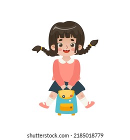 Cute school girl jumping with backpack. Happy cartoon student. Adorable asian baby girl with pigtails.