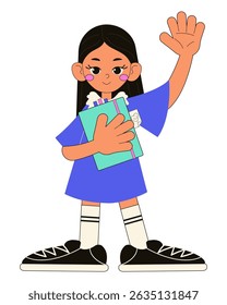 Cute school girl with notebook for study, and rising hand. Cartoon style vector illustration.