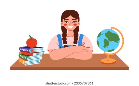 Cute school girl sitting at desk on lesson. Flat vector illustration on white background.