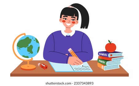 Cute school girl sitting at desk and writing on lesson. Flat vector illustration on white background.