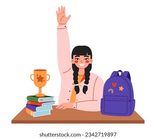 Cute school girl sitting at desk and raises hand on lesson. Flat vector illustration on white background.