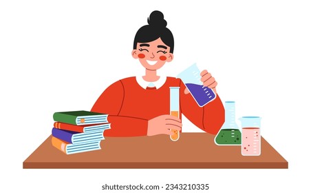 Cute school girl sitting at desk on chemestry lesson. Flat vector illustration on white background.