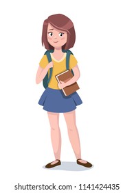 Cute school girl is standing with a book. Vector illustration.