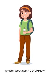 Cute school girl is standing with a paper cup with coffee, tea or juice. Vector illustration.