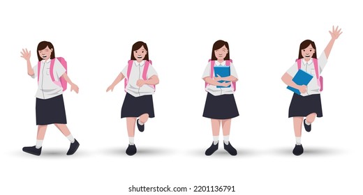 cute school girl wear black white uniform backpack. school girl cartoon