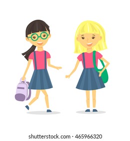 Cute school girls with school backpack. Vector Illustration